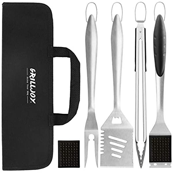 grilljoy 6pc Heavy Duty BBQ Grilling Tools Set - Extra Thick Stainless Steel Grilling Accessories with Free Portable Bag. Perfect BBQ Grill Set Gifts for Men Dad on Father's Day Birthday
