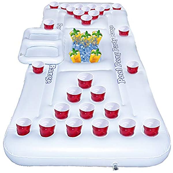 FUNPENY Floating Inflatable Pong Pool Party Barge, Outdoor Pong Table for Adults Soft Drink Games with Color White