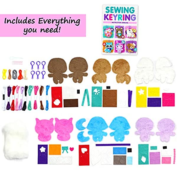 KRAFUN krafun sewing kit for kids age 7 8 9 10 11 12 beginner my first art  & craft, includes 3 stuffed animal dolls teddy, raccoon a