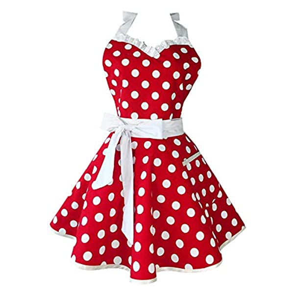 Yuyeran Red Retro Kitchen Aprons Women Girl Cotton Polka Dot Lovely Sweetheart Cooking Salon Apron Dress, Red, One Size