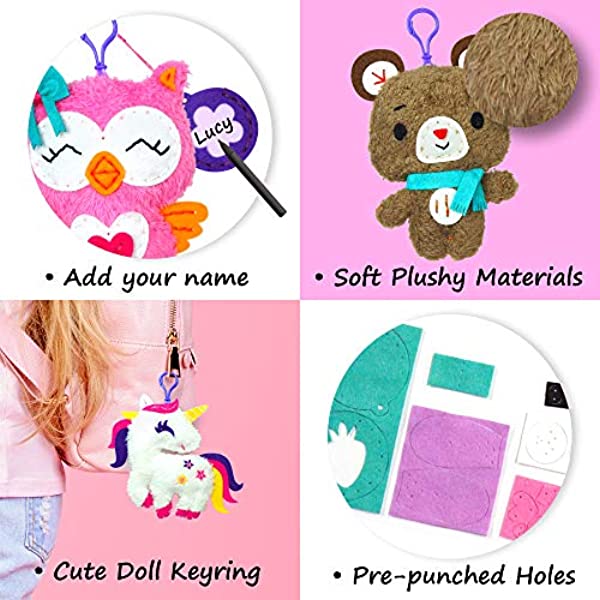 KRAFUN Unicorn Sewing Keyring Kit for Kids Age 7 8 9 10 11 12 Learn Art & Craft, Includes 6 Stuffed Animal Bear, Dog, Rabbit, Raccoon, Owl Dolls, Inst